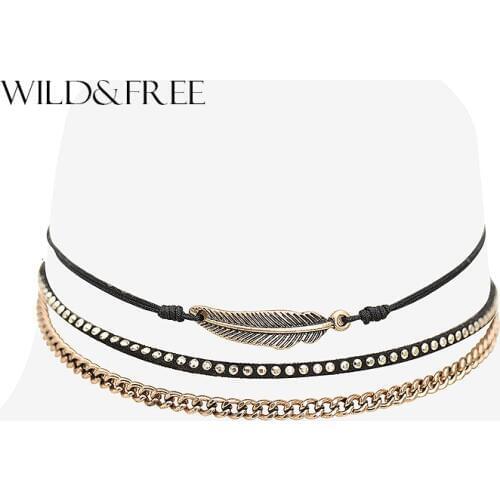 WILD & FREE Women Fashion 3 pcs Leather Choker Necklace Vintage Antique Gold Zinc Alloy Chain Suede Rope Choker Necklace Jewelry