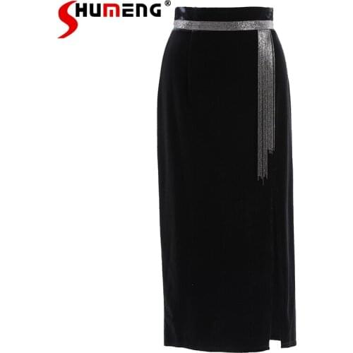 Retro Black Velvet Long Skirt Female 2021 New Autumn and Winter High Waist Slit Hip Skirts Mid-Length Slimming Skirt for Women