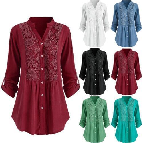 Women Ladies Button Lace V Neck Long Sleeve Shirt Blouse Solid Color Casual Tops -OPK