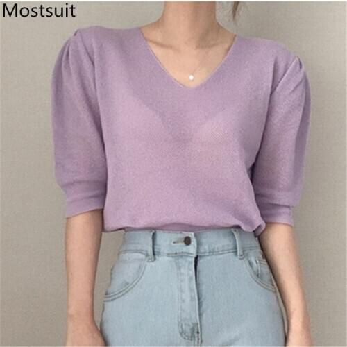 Korean V-neck Solid Knitted T-shirts Tops Women 2020 Summer Short Sleeve Loose Fashion Casual Ladies Tees Tshirts Femme