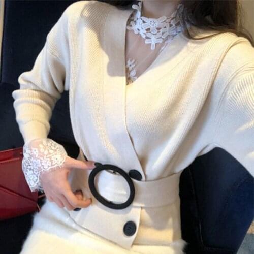 2021 Knitted V-Neck Belt Womens Cardigan Sweater Vintage Long Batwing Sleeve Double Breasted Lace Up Short Sweaters Female