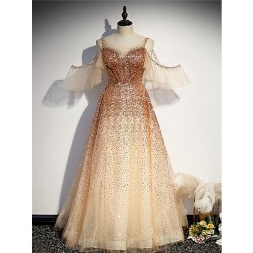 Vestido De Festa Sexy Scoop Neck Evening Dress Robe De Soiree High Quality A-line Champagne Gold Long Evening Dresses Formal