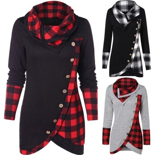 Winter Women Warm Pullover Long Sleeve Plaid Sweatshirt Tops Dress Casual Ladies Hoodies Sweatshirt Irregular Hem