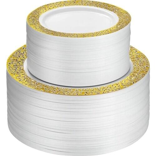 Gold Disposable Plastic Plates -Lace Design Wedding Party Plastic Plates,Gold Lace Plates Salad/Dessert Plates 25Pack