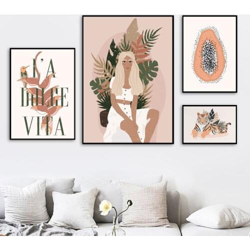Abstract Fashion Girl Tiger Monstera Wall Art Canvas Painting Nordic Posters And Prints Wall Pictures For Living Room Home Decor