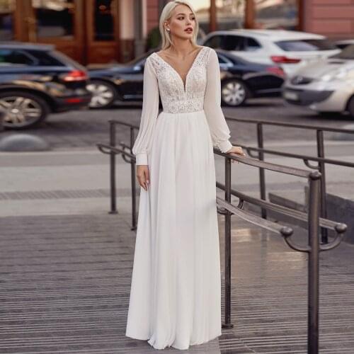 Bohemian Beach Wedding Dress Chiffon Sweep Train V-neck Long Sleeves Bridal Gowns Floor Length Plus Size White Vestidos De Novia
