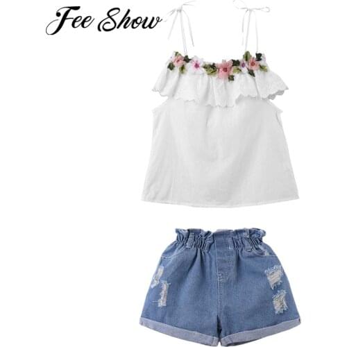 1-6Y Toddler Kids Girl Clothes Set Off Shoulder Embroidery Flowers Ruffle Tank Top Denim Shorts Pants Outfits Children Costumes