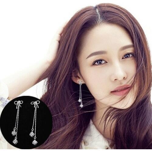 925 sterling silver hypoallergenic earrings with temperament long bow knot cube tassel earrings for fashion sweet girl gifts