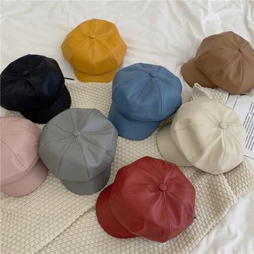 2020 Fall Winter New Fashion Women Solid Color PU Leather Caps Octagonal Cap Casual Vintage Hats Newsboy Cap for Women Casquette