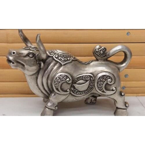 China Fengshui Copper Silver Zodiac Year Animal RuYi Wealth Bull Ox Oxen Statue