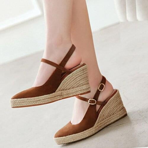 LIHUAMAO Retro Pumps wedges heel platform ankle strap pointed toe espadrilles slingback party wedding shoes casual rope sole