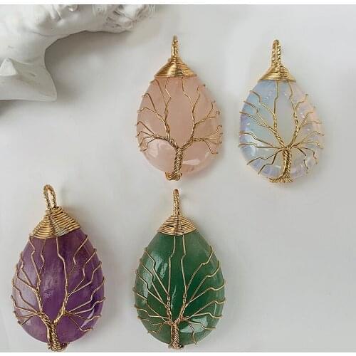 Fashion Handmade Tree of Life Water Drop Crystal Natural Stone Pendant Necklace Pendant Charms for Jewelry Making Tigereye