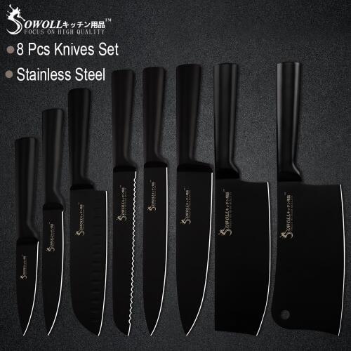 Sowoll Stainless Steel Knife Set Non-stick Handle Full Tang Chef Bread Slicing Santoku Utility Paring Knife Bag Tools