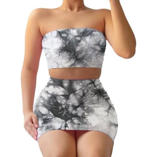 2020 New Hot Women Tie-dye Print Outfits Backless Short Tube Top Mini Slim Skirt Sexy Clothes Set