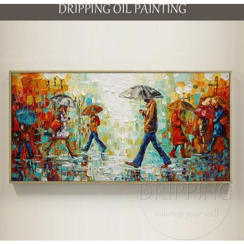 New Arrival Hand-painted High Quality Textured Walker Oil Painting on Canvas People with Umbrella Walking on Street Oil Painting