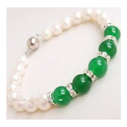 Genuine 7-8mm White Akoya Pearl/Emerald(10mm) Gemstones Bracelet A+A+S+A