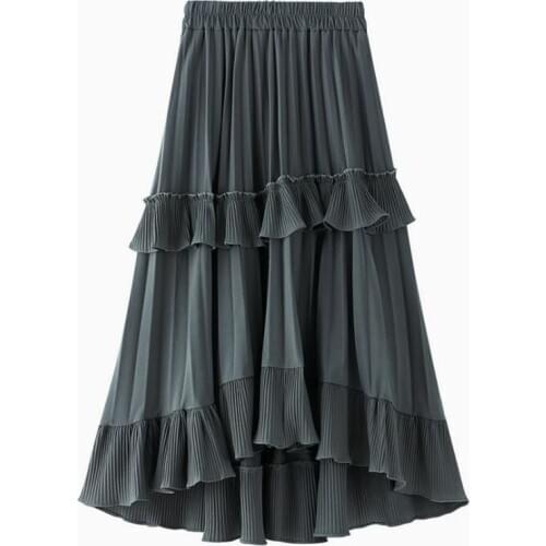 Autumn Pleated Skirt 2020 High Waist Irregular Hem Flouncing Women Long Skirts JX8229 Saia Women White Skirts Faldas Jupe Femme