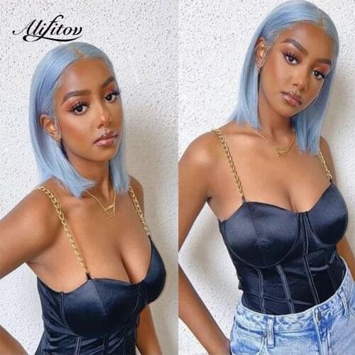 ALIFITOV Baby Blue Purple Colored Bob Straight Human Hair Wig Pre Plucked Hairline Short Lace Front Wigs 13x4 Transparent Lace