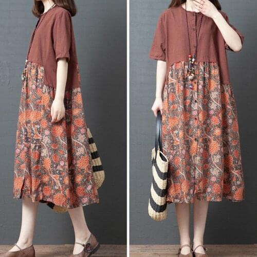 Uego Short Sleeve Button Loose Shirt Blouse Dress Cotton Linen Patchwork Print Vintage Dress Women Summer Holiday Casual Dress