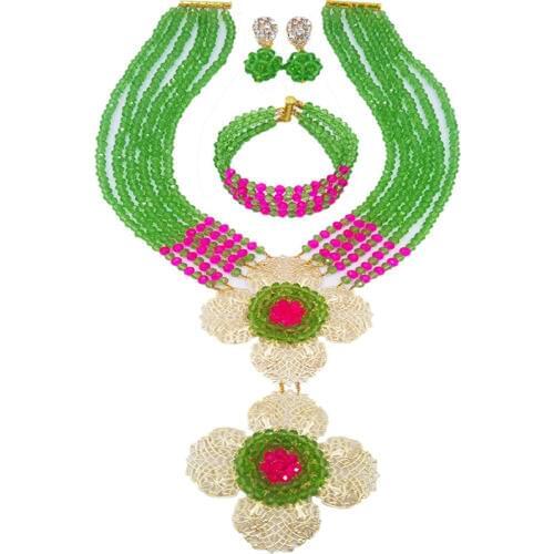 Latest Light Green Hot Pink Nigerian Wedding African Beads Necklace Wedding Party Bridal Jewelry Sets 6DHJZ009