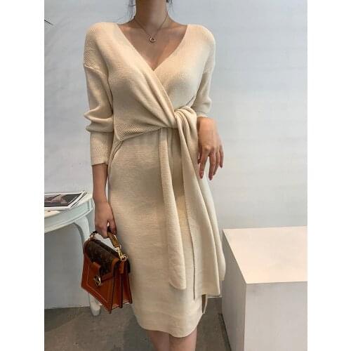 Warm Knitted Korean Style Autumn Solid Jumper Dresses Thick 2021 Winter Pollover Sweater Dress Women Woman Apricot Grey Vestido