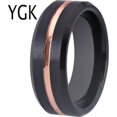 YGK Wedding Jewelry Matte Black Bevel With Rose Groove Tungsten Rings for Mens Bridegroom Wedding Engagement Anniversary Ring