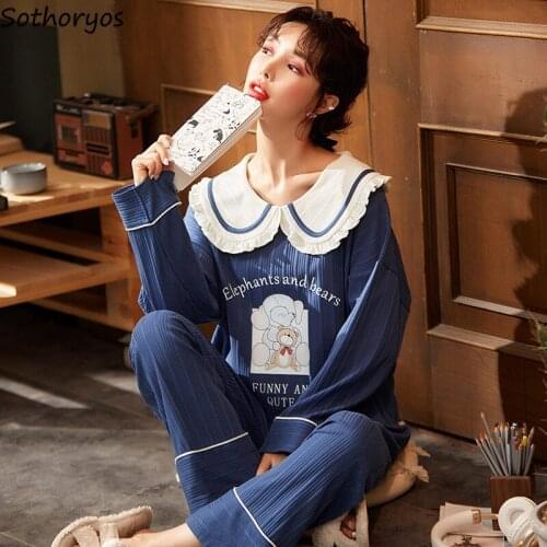 Women Pajama Sets Long Sleeve Peter Pan Collar Kawaii Sweet Sleepwear Homewear Cozy Leisure Loose Womens Pajamas Korean Style