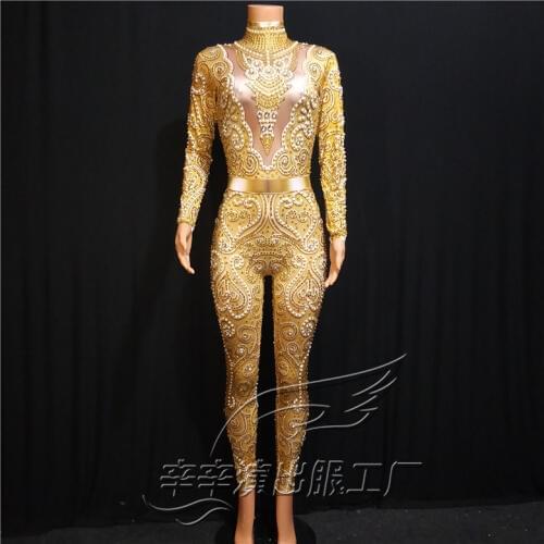 Women Gold Yellow Pearls Shining Rhinestones Sexy Jumpsuit High-end Stage Costume Nightclub Singer Host Performance Dance Wear