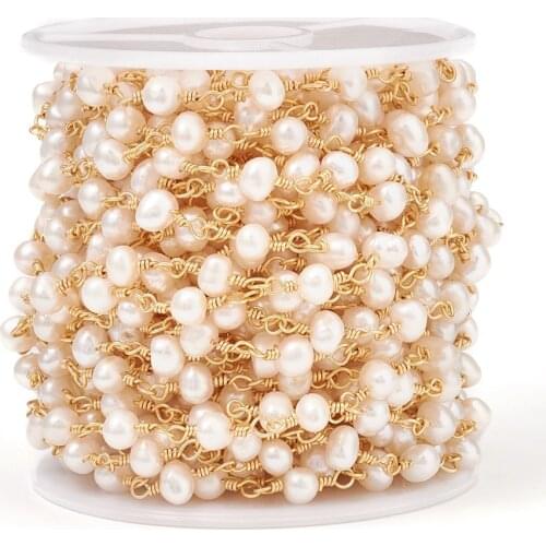 10m Brass Handmade Beaded Chain Natural Freshwater Pearl Beads Chain Links Long-Lasting Plated for DIY Necklace Jewelry Making