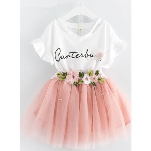 Hot 2-7Yrs Toddler Girl Summer Clothing Sets Butterfly Sleeve Tshirt + Flower Mesh Ball Gown Skirt 2pcs Baby Girl Clothes