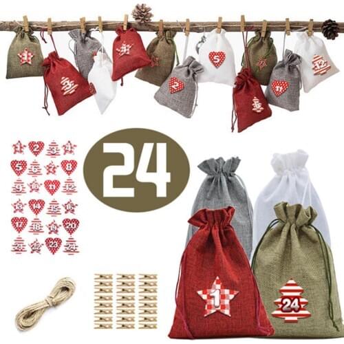 24PCS Christmas Calendar Gift Bag Advent Calendar Countdown Bag Candy Gift Sacks Pouch with Stickers Rope Home Christmas Decor