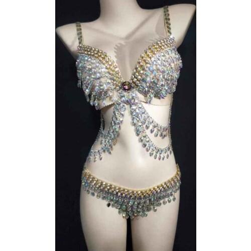 Sequined Rhinestone Crystal Bra Short Chains Punk Costumes Nightclub Singer Dancewear Female Singer Ds Sexy Womens Clothing Set