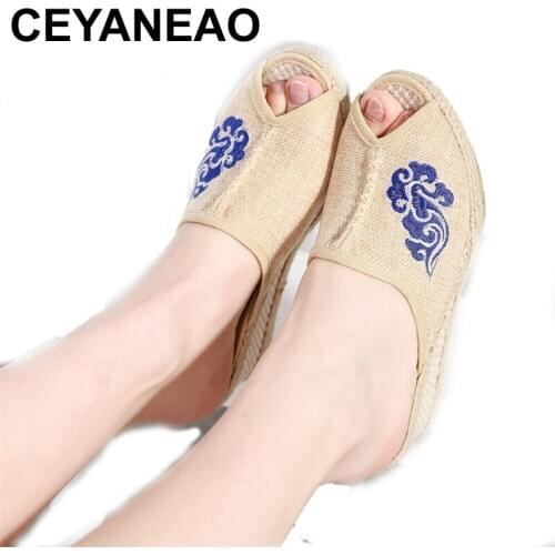 CEYANEAOFloral Embroidered Women Peep Toe Linen Wedge Slippers Summer Retro Style Med Heel Ladies Platform Shoes Sandials Mujer
