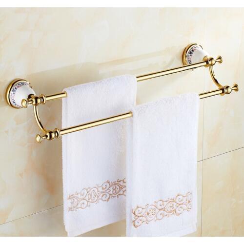 Art copper bathroom double towel bars rack, European antique towel bars gold, Brass toilet wall hanging towel rack shelf vintage