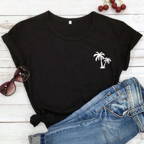 Palm Tree Pocket Print T-shirt Cute Women Graphic Nature Tropical Tee Shirt Top Casual Unisex Summer Vacay Beach Tshirt Outfits