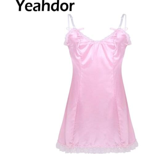 Men Adults Smooth Satin Exotic Dress Adjustable Spaghetti Straps V-neck Low Back Vintage Slip Gay Fancy Dress Nightwear