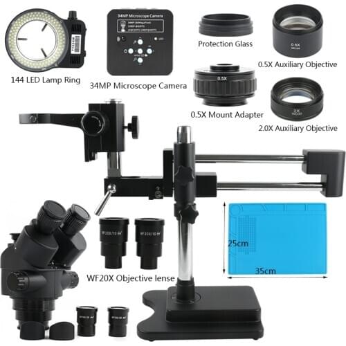 3.5X-90X Simul-focal Trinocular Stereo Microscope Double Boom Stande 1080P 34MP HDMI USB Video Camera For Phone PCB Soldering