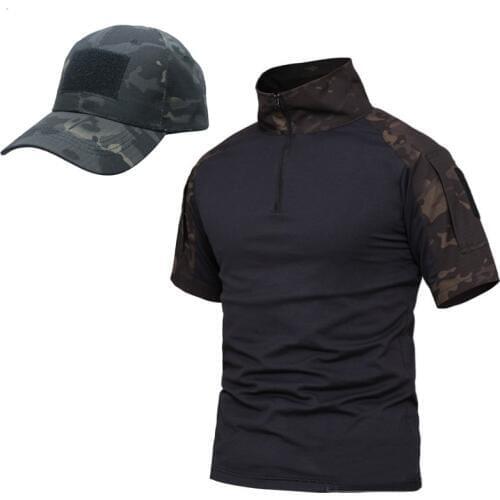 TAK YIYING Summer Camouflage Uniform US Army Combat T Shirt Men Short Sleeve Mc Camo Paintball Airsoft Cargo Tactical Shirt +Hat