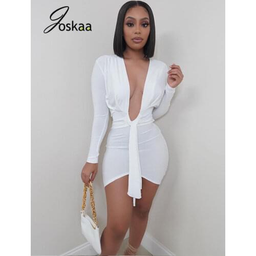 Joskaa Elegant Night Club Wear Sheath Summer 2021 Clothings Female Clubwear White Solid V Neck Long Sleeve Bandage Ruched Dress