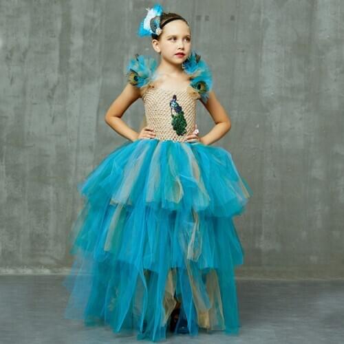 Fluffy Girls Peacock Costume Dress Pageant Baby Halloween Purim Peacock Costumes For Cosplay Fancy Ball Gown Long Dress Disguise