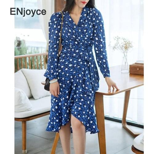Luxury Blue Polka Dot Midi Dress Women Long Sleeve High Waist Wrap Skirt Ladies Korean Elegant Slim Split Beach Holiday Dresses