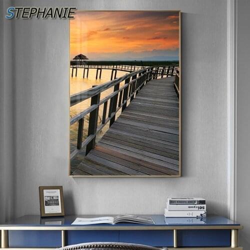 Nordic Bridge By Sea Canvas Painting Fashion Posters Prints Abstract Seascape Wall Pictures for Living Room Sunset Poster Decor