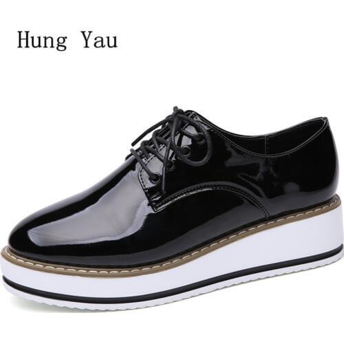 Women Shoes Casual Oxford Flat Shoes Leather Platform Woman Walking 2018 Spring Fashion Lace Up Low Heeled Skid Comfortable