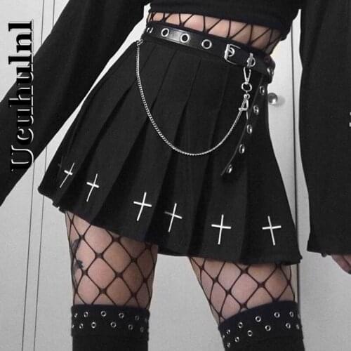 Ucuhulnl High Waist Mini Black Skirts Gothic Streetwear Cross Print Pleated Women Skirts Casual College Lolita Harajuku Skirt