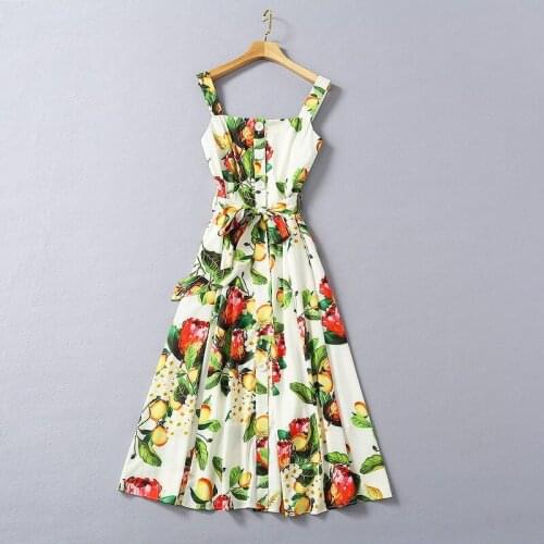 European and American womens clothing new 2021 spring Condole belt lace-up Fashion lemon print dress