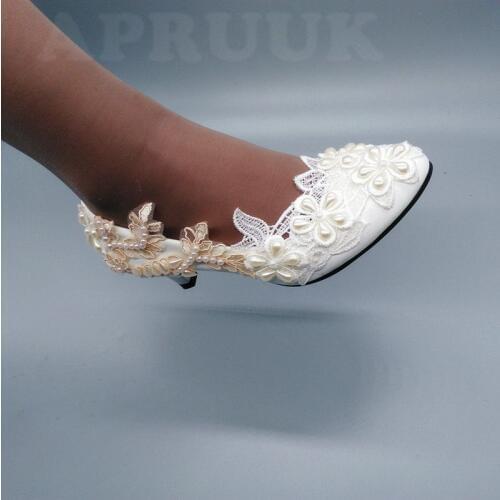 5cm middle heel plus size ivory lace pearls wedding shoes bridal woman champagne laces brides wedding pumps shoe