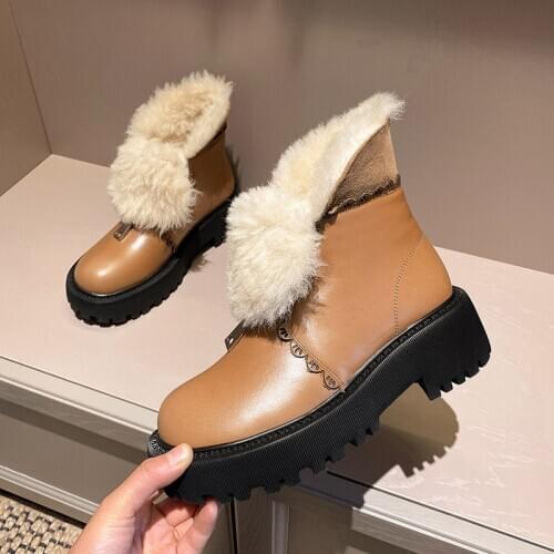Real Leather Women Snow Boots Warm Fur Winter Shoes Woman Wool Plush Fashion Platform Boot High Heel Footwear Real Cowhide
