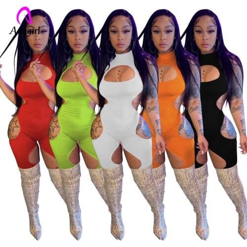 Fitness Women Rompers Solid Turtleneck Sleeveless Skinny Biker Playsuit 2021 Summer Sexy Hollow Out Club Party One Piece Outfits