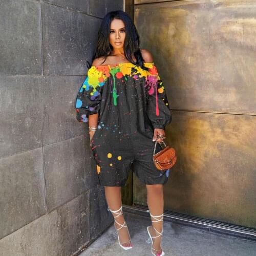 Splash ink Print Off Shoulder Straight Womens Jumpsuit Active Loose Romper Hip Hop Sexy One Piece Overall Outfits