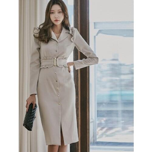 New arrival fashion korean spring midi dress women OL temperament professional elegant long sleeve belt fresh slim blazer dress
